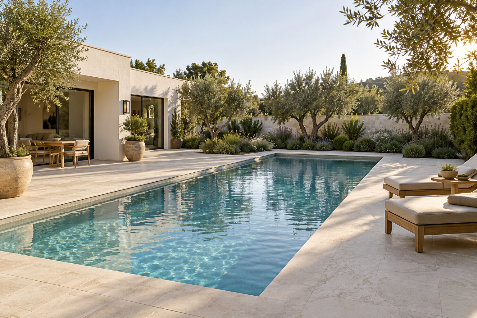 The same pool with fresh paving, softer planting, and new seating