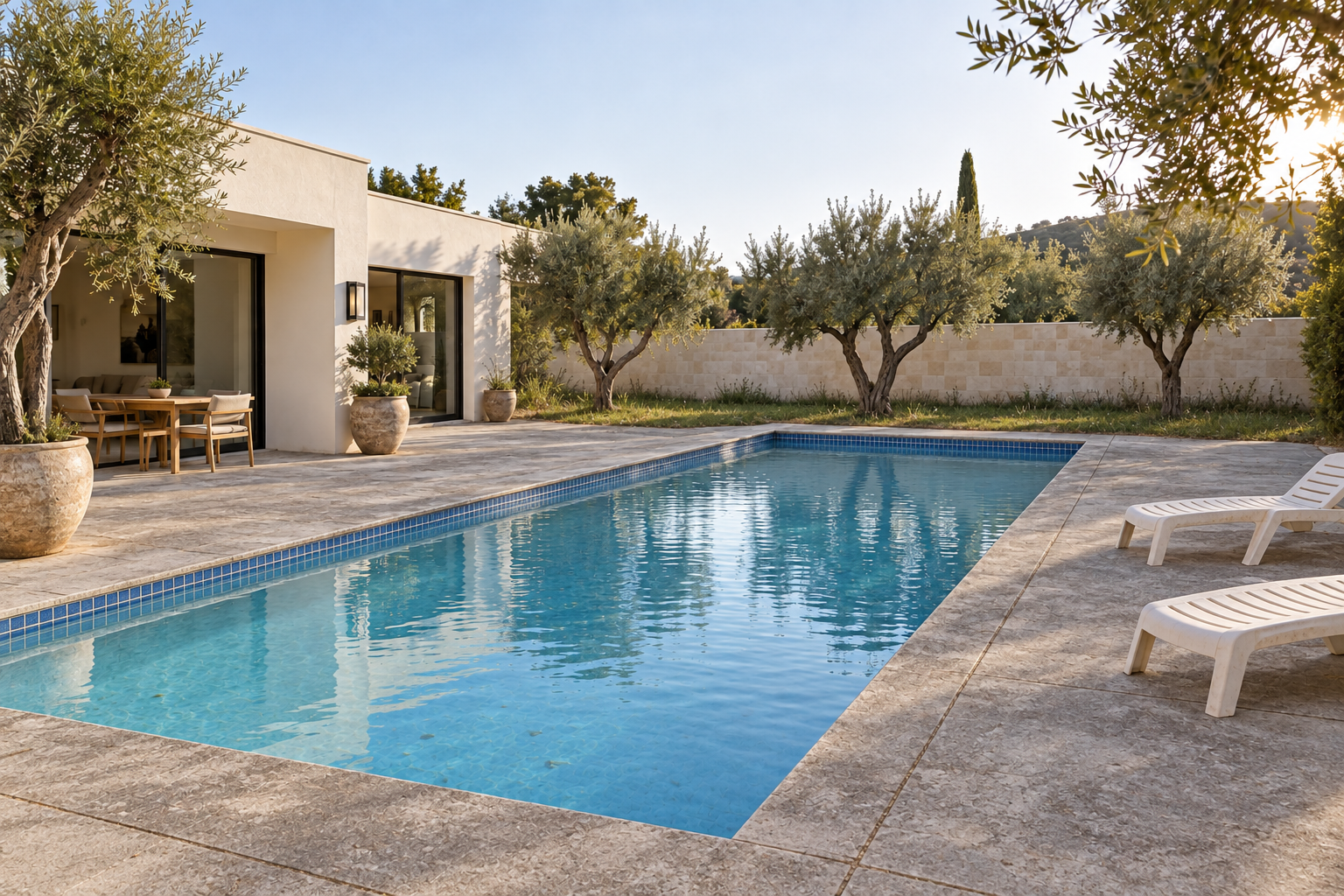 An existing pool with worn paving and blue tile