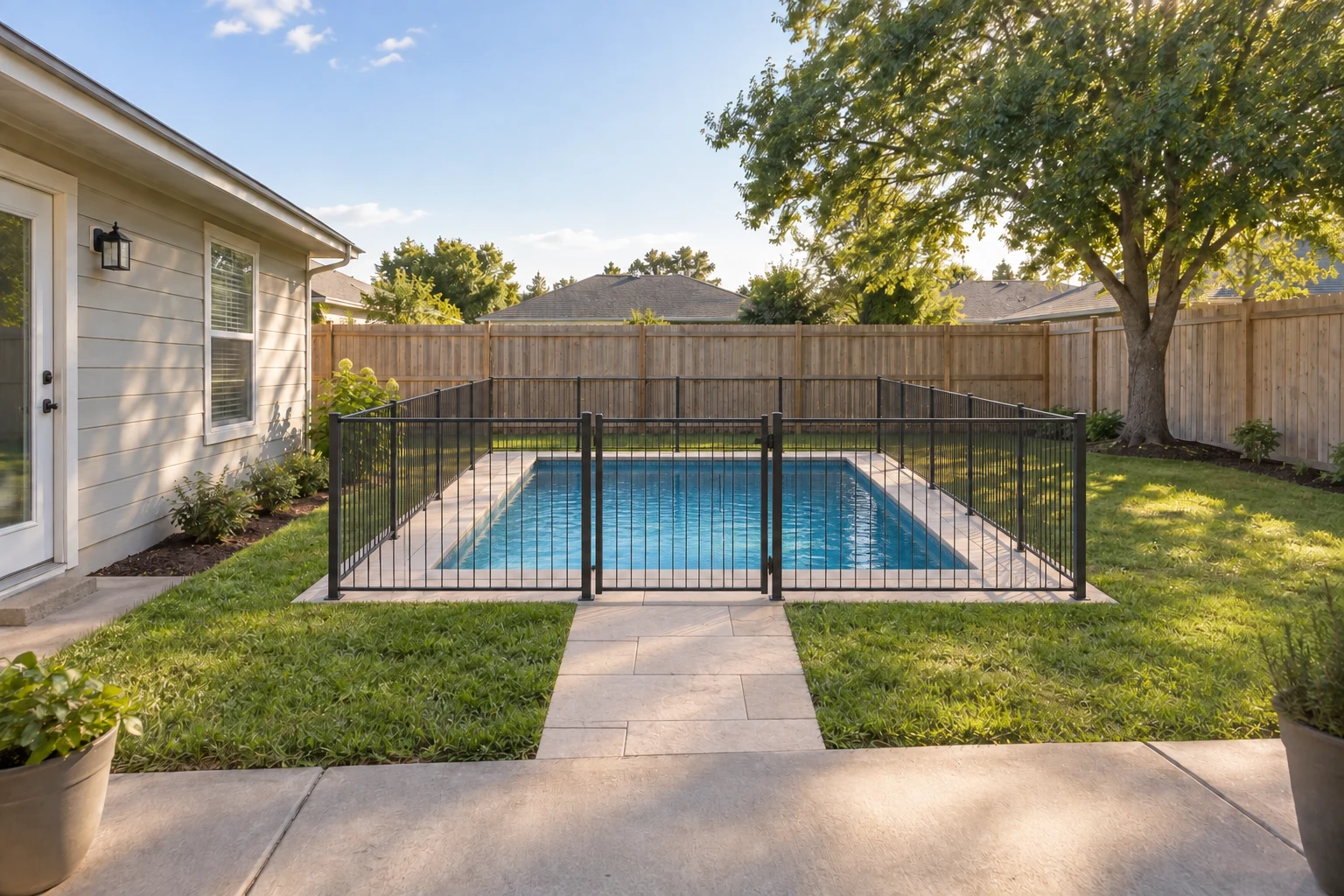 The same backyard with a compact pool and safety fence