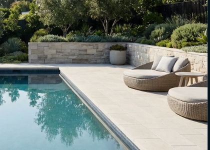 Pool concept with a compact courtyard plunge layout, pale coping, and crisp reflective water