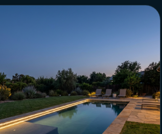Pool concept at blue hour with clean edges, shallow entry, and quiet reflections
